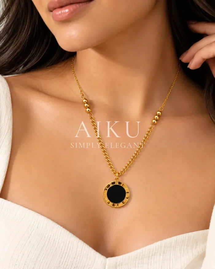 Studded Roman Tag Necklace worn by a model