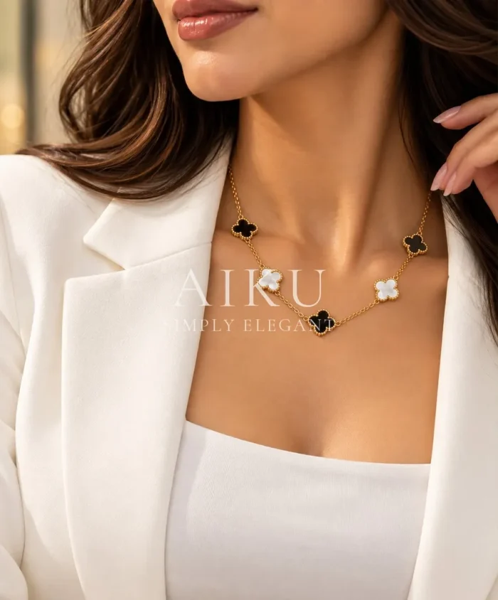 Black & White Clover Necklace worn by a model