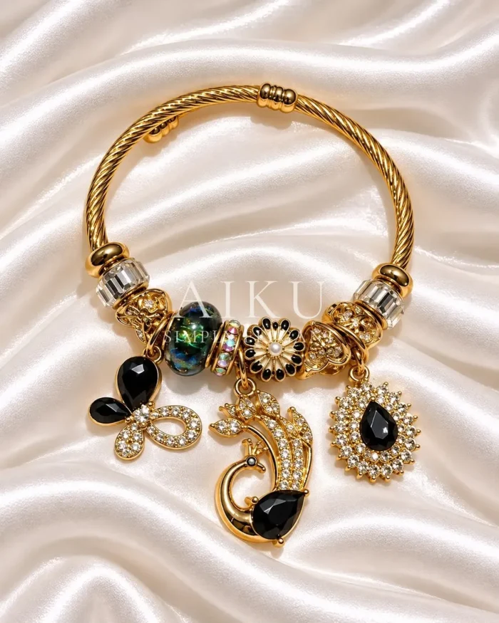 Butterfly & Peacock Charm Cuff Bracelet