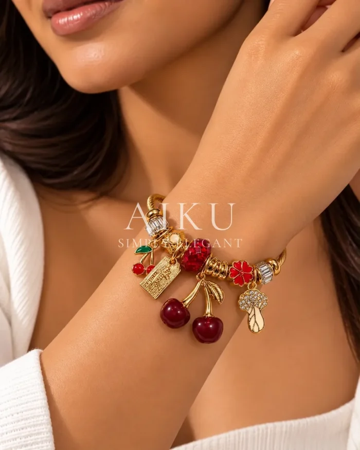 Cherry Charm Cuff Bracelet worn by a model