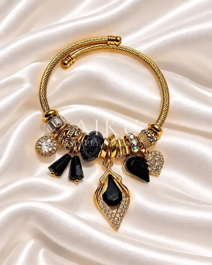 Crystal Heart Charm Cuff Bracelet