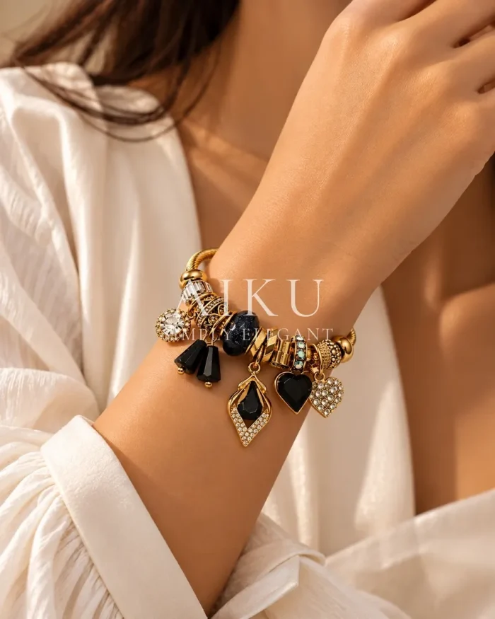 Crystal Heart Charm Cuff Bracelet worn by a model