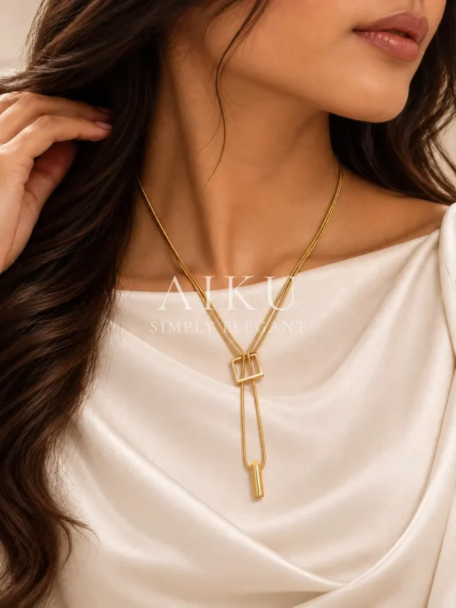 Geometric Slider Drop Necklace worn by a model