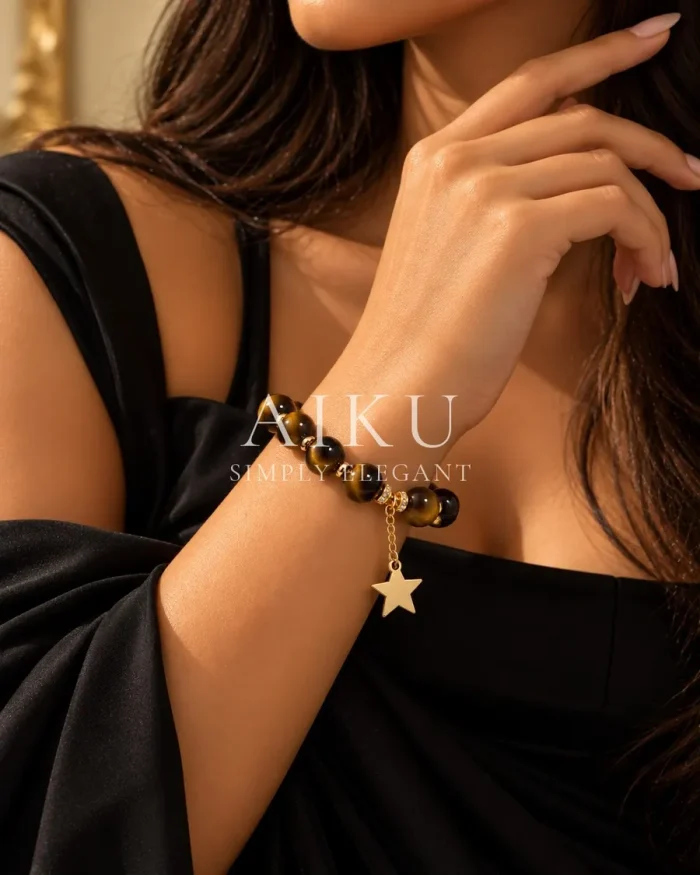Tiger Eye Star Stacker Bracelet worn by a model